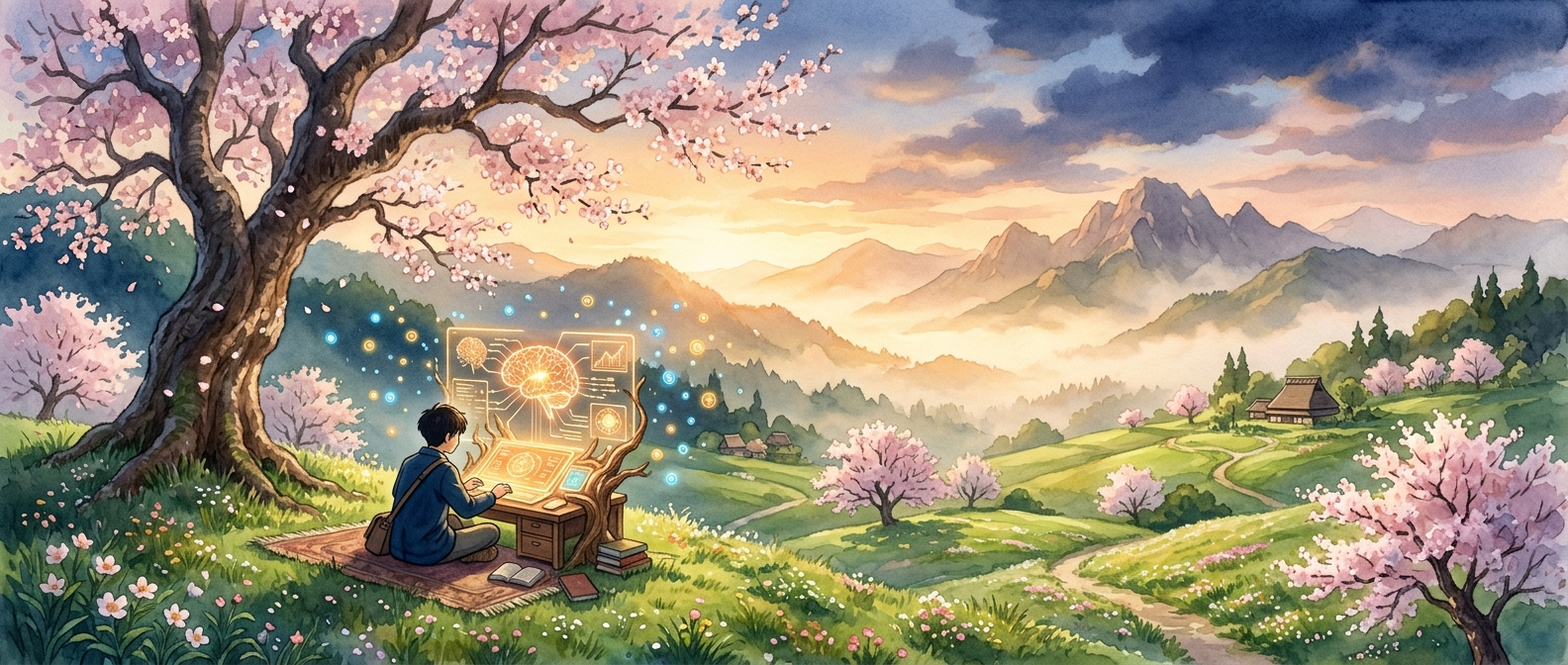 A painted cherry-blossom hillside at golden hour, a person working at a small wooden desk with a holographic AI dashboard, distant mountains and a small cottage.