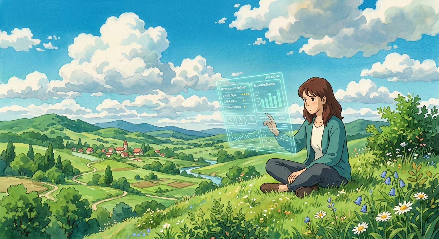 A woman sitting on a sunlit hillside reviewing an AI rankings dashboard, with rolling green hills, a village and river in the distance.