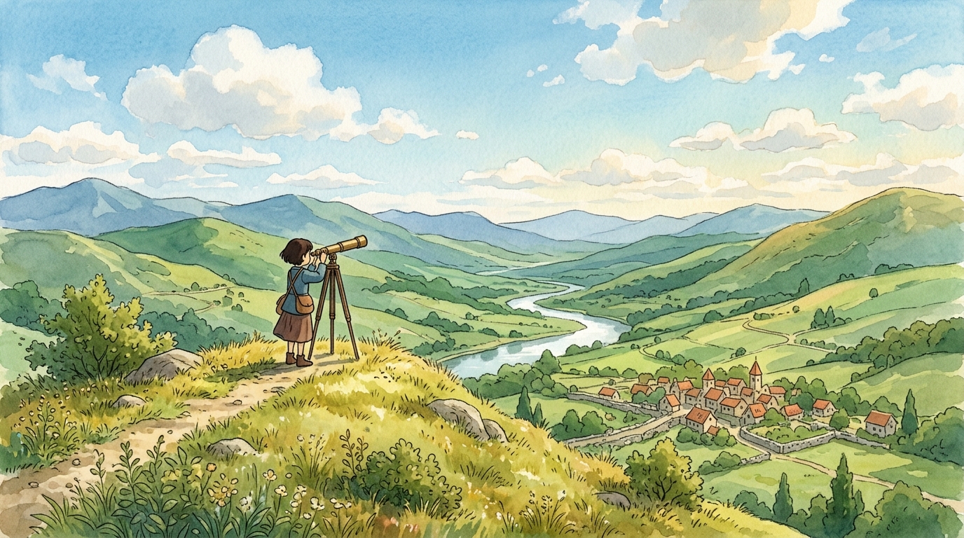 A figure on a sunlit hilltop looking through a brass telescope over rolling green hills and a distant village.
