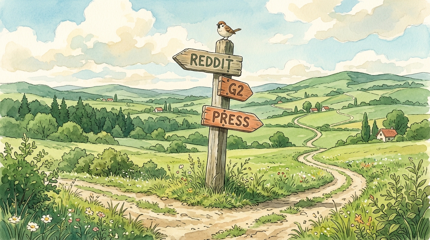 A weathered wooden signpost at a country crossroads, three carved boards reading REDDIT, G2 and PRESS, with a little bird perched on top.