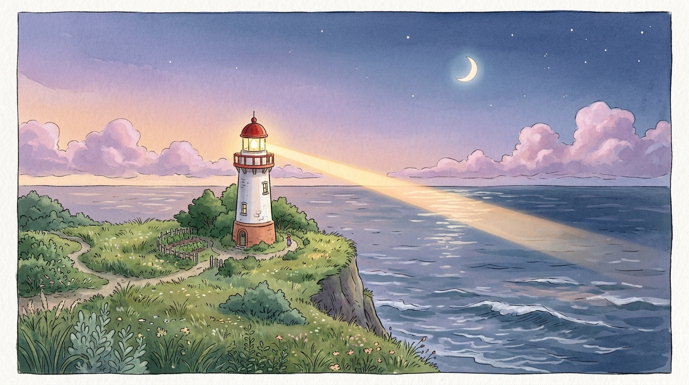 A small white-and-red lighthouse on a grassy cliff at twilight, golden beam sweeping over a calm sea, crescent moon and first stars in a lavender sky.
