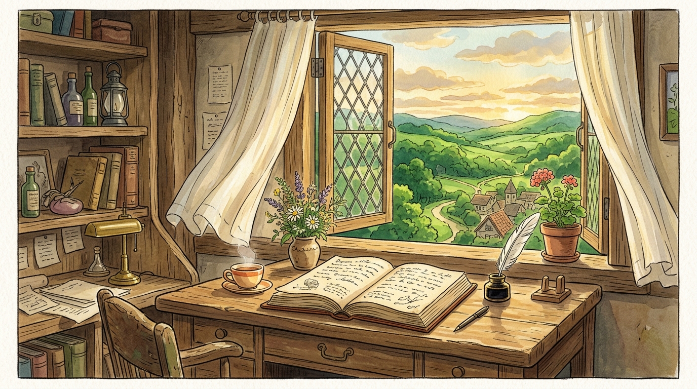 A cozy wooden writing desk by an open window, an open book with handwritten pages, brass inkpot and white feather quill, golden afternoon light.